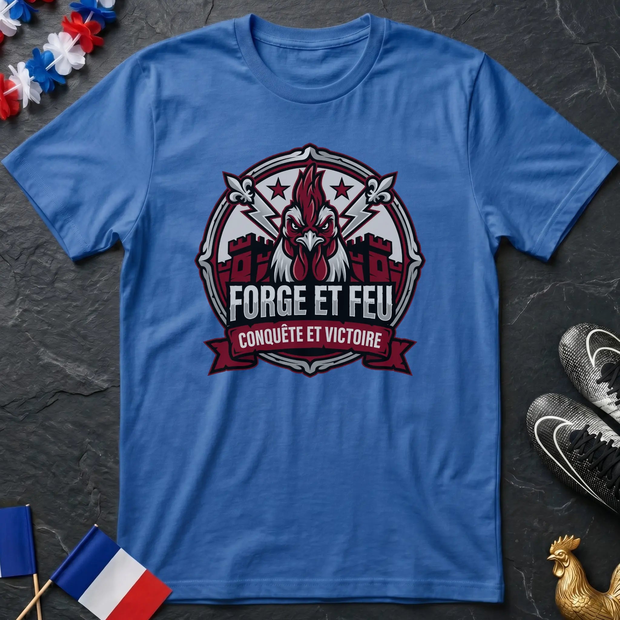 France Forge et Feu Conquête et Victoire Coq Rage Badge T-Shirt Coupe du Monde