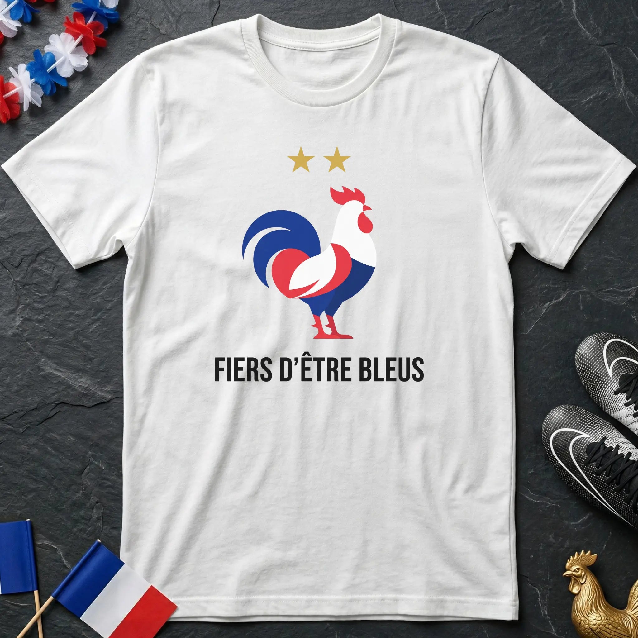 Fiers d'Être Bleus Coq Gaulois Tricolore Deux Étoiles France T-Shirt Coupe du Monde