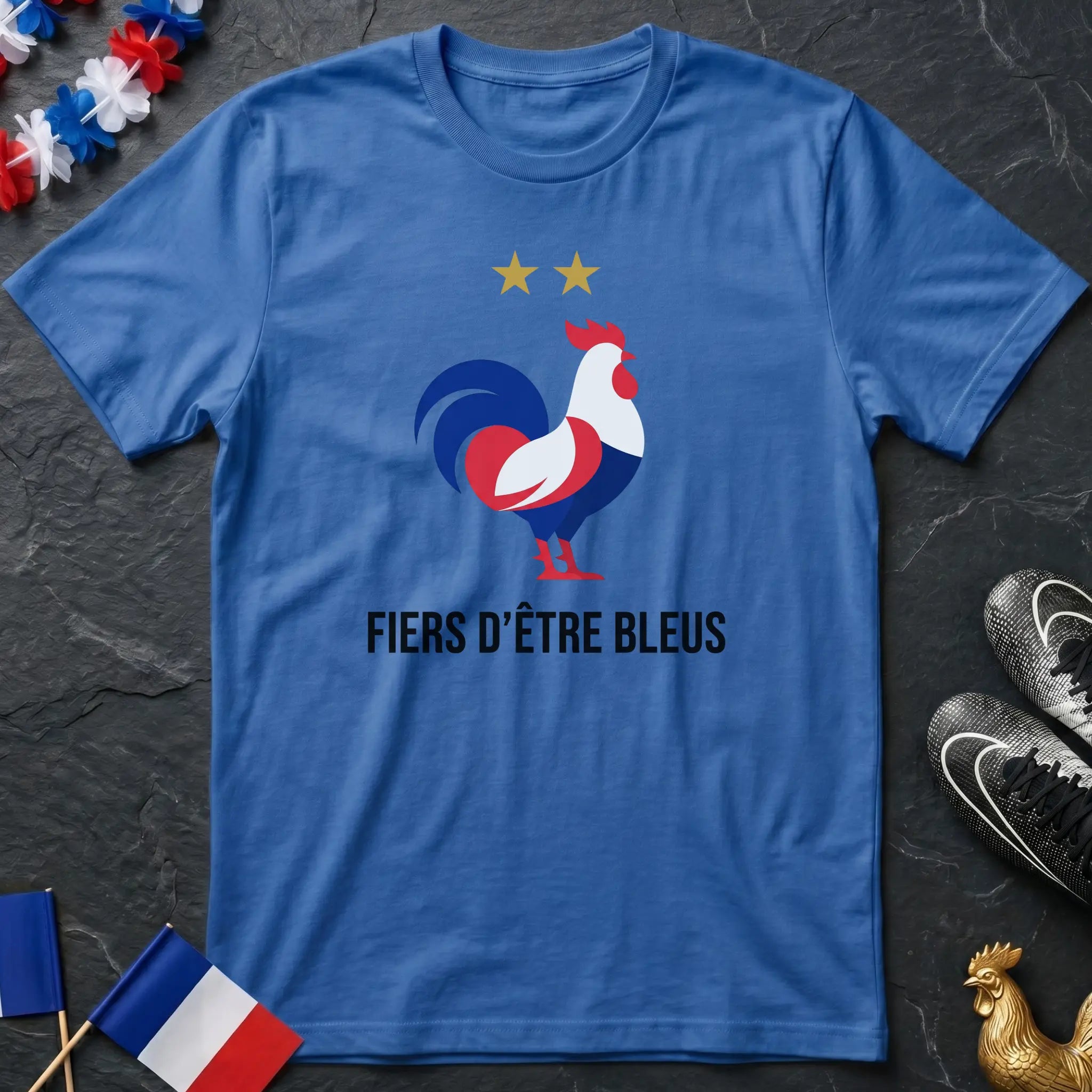 Fiers d'Être Bleus Coq Gaulois Tricolore Deux Étoiles France T-Shirt Coupe du Monde