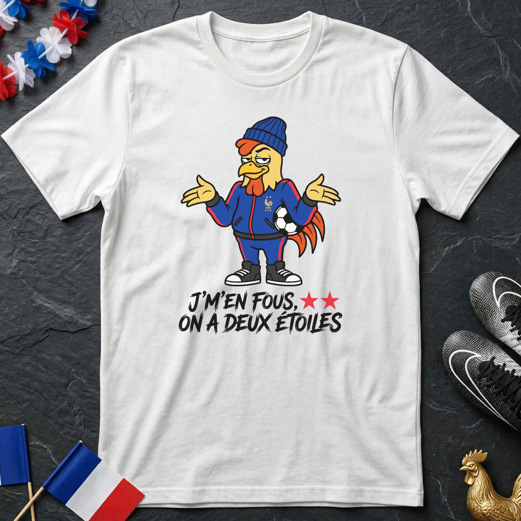 J'm'en Fous On a Deux Étoiles Coq Cartoon T-Shirt Coupe du Monde