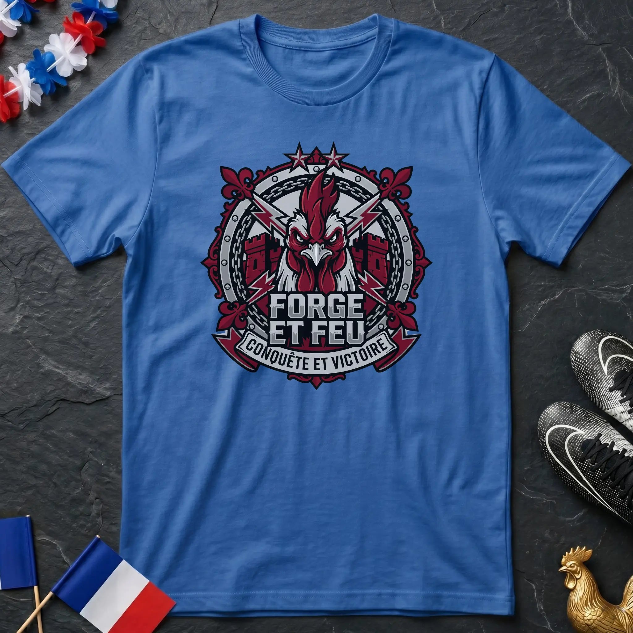 Forge et Feu Conquête et Victoire Coq Guerrier Badg T-Shirt Coupe du Monde