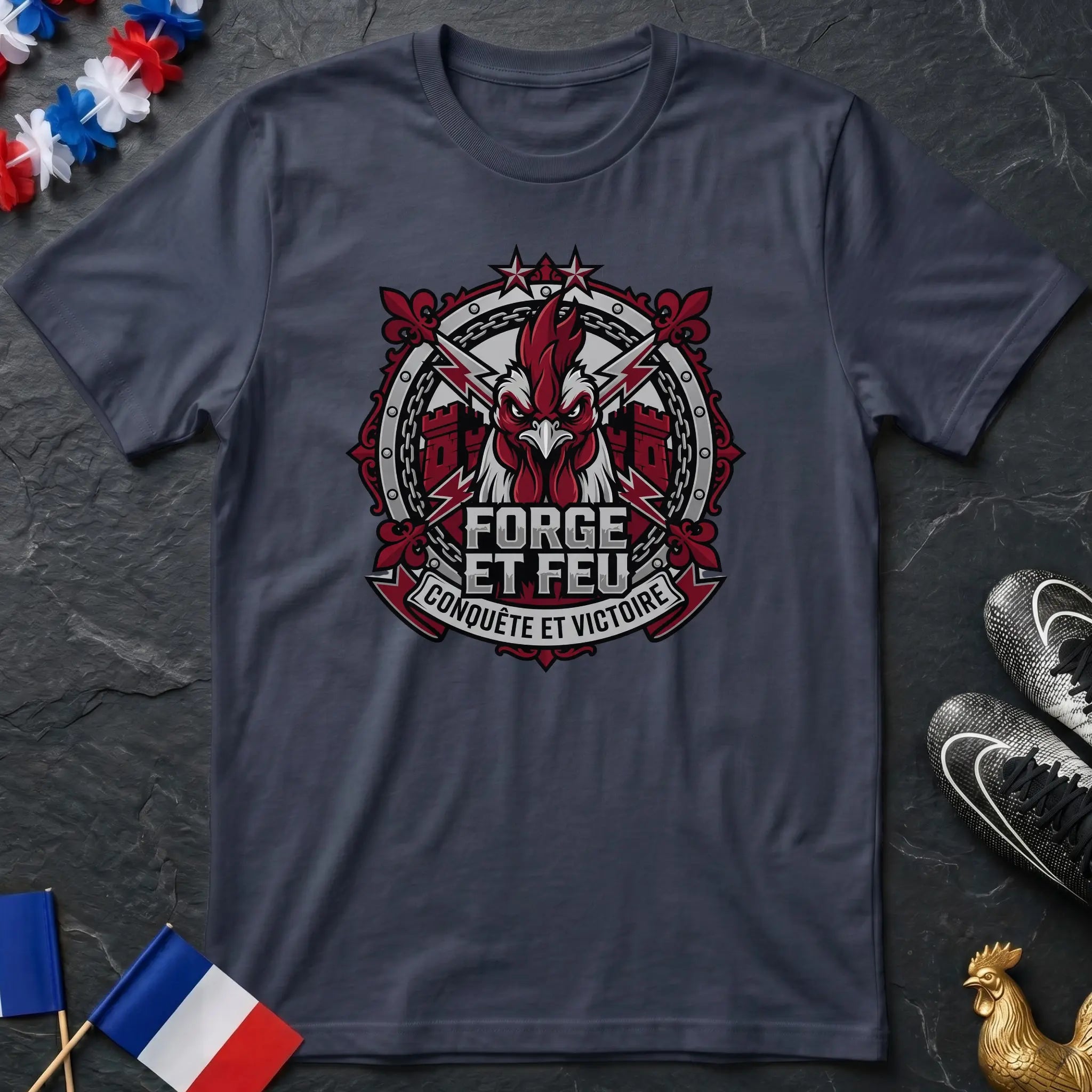 Forge et Feu Conquête et Victoire Coq Guerrier Badg T-Shirt Coupe du Monde